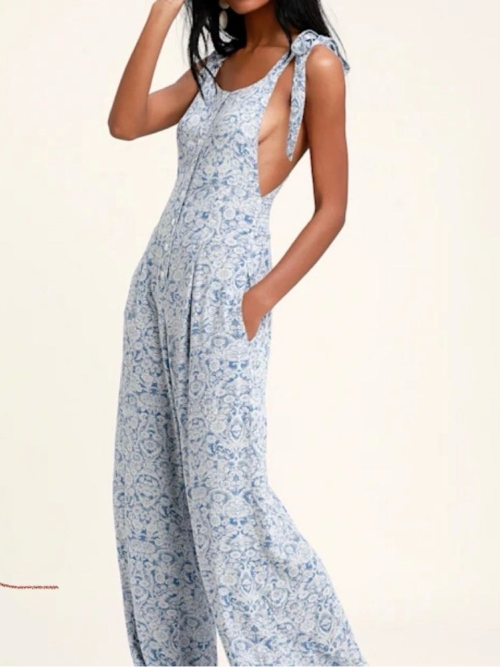 Free People Light Blue Floral Tie-Shoulder Wide-Leg Jumpsuit